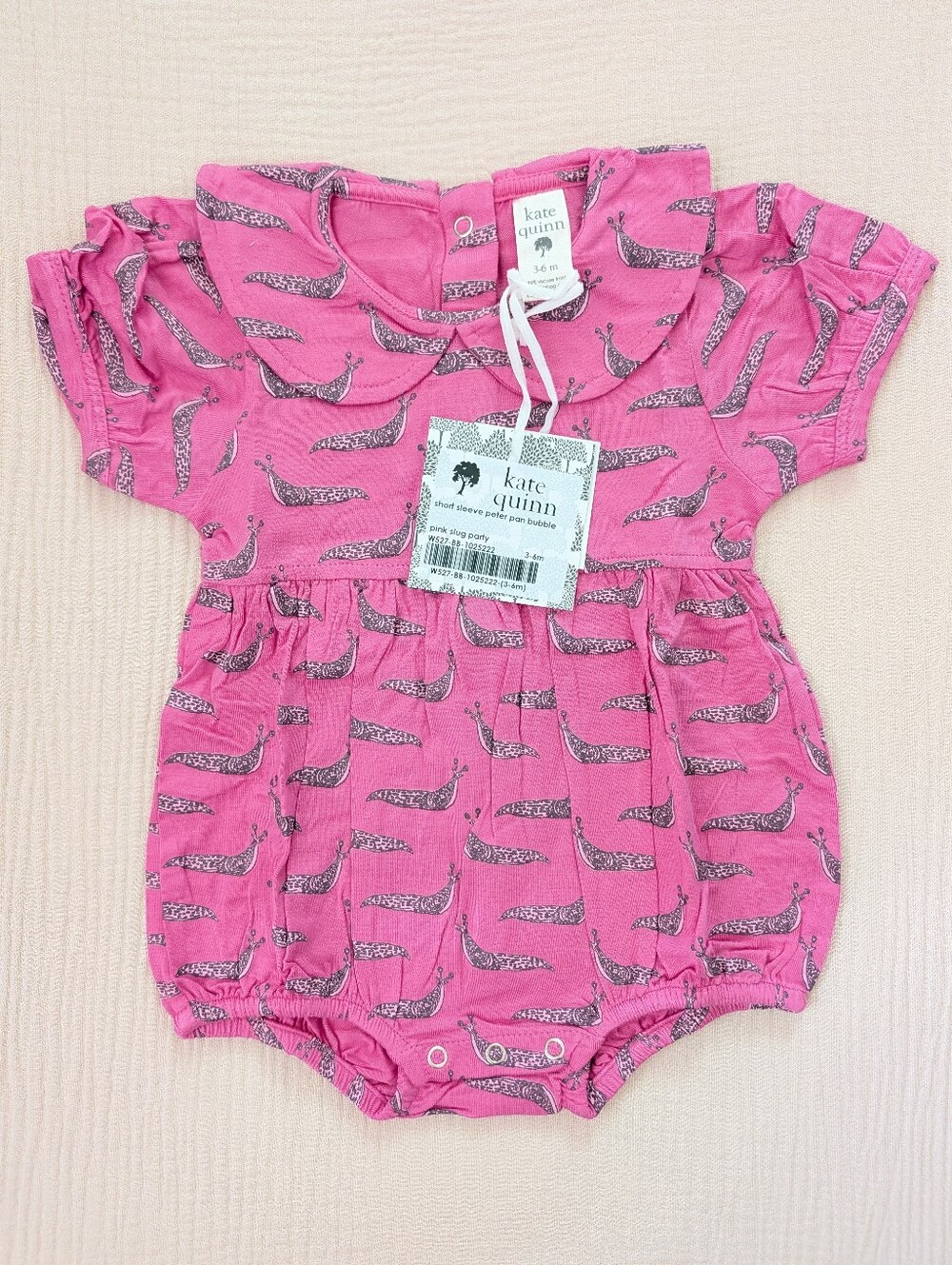 NWT 3-6m Kate Quinn short sleeve peter pan bubble romper pink slug party bamboo - Picture 2 of 5